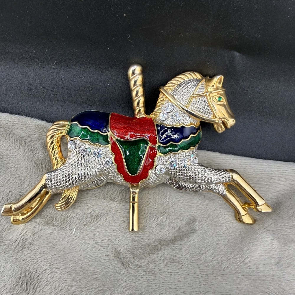 Vintage Estate Brooch Carousel Horse Gold Enamel Rhinestone Large 4in